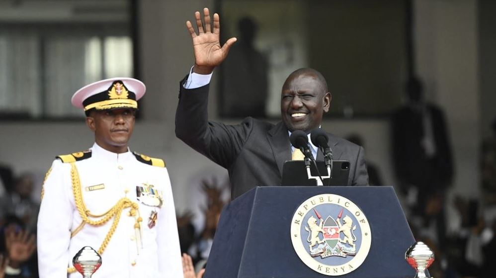 Kenyan President William Ruto waves to the crowd at the Moi International Sports Center Kasarani in Nairobi, Kenya, on September 13, 2022 during his inauguration ceremony. /AFP