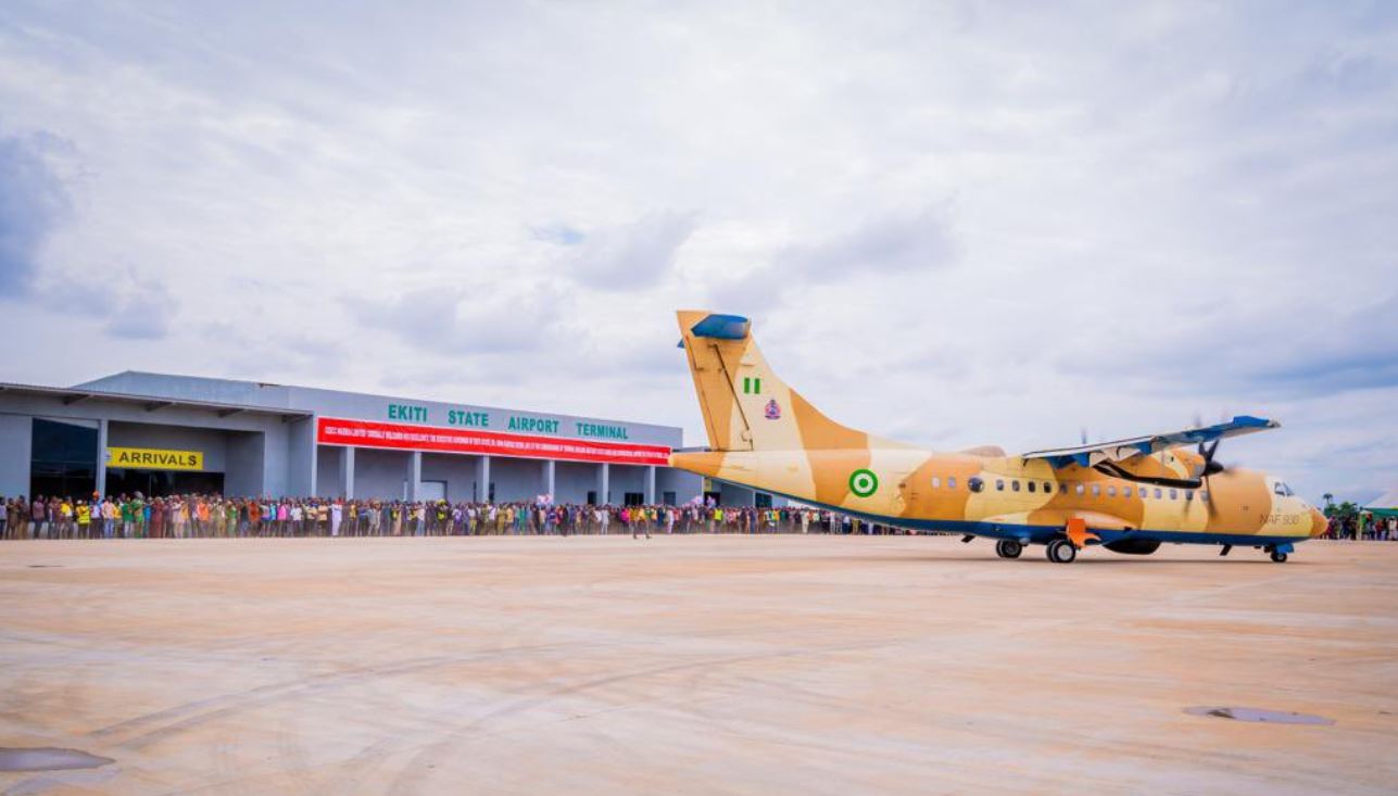A military aircraft pictured after landing at the Chinese-built Ekiti Airport in Nigeria's southwestern Ekiti State on October 15. /Handout /Ekiti State Governor.