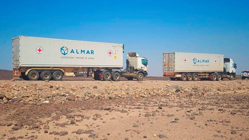 A convoy of trucks from the International Committee of the Red Cross (ICRC) deliver lifesaving medical supplies are seen on the road to Mekelle, in Tigray region, Ethiopia November 15, 2022. International Committee of the Red Cross/Handout via REUTERS
 