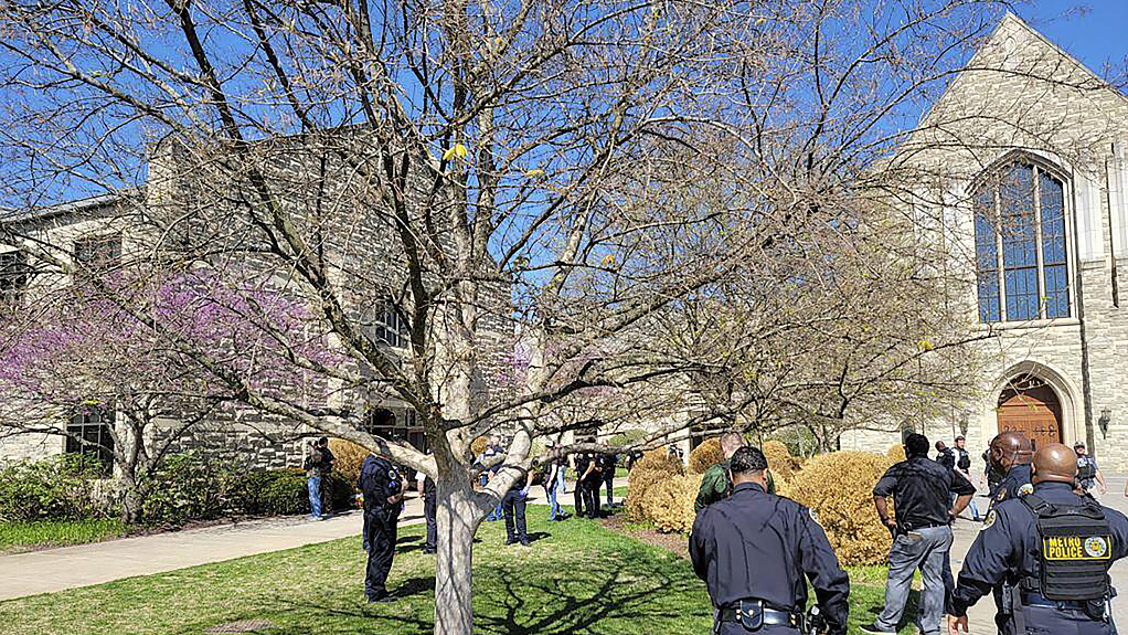 This photo provided by the Metro Nashville Police Department shows officers at an active shooter event that took place at Covenant School, Covenant Presbyterian Church, in Nashville, Tennessee, March 27, 2023. /CFP Photo