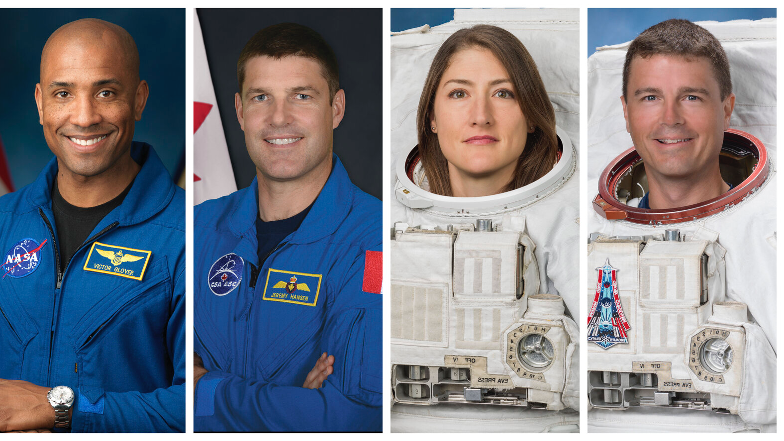 This combination of photos shows, from left, astronauts Victor Glover, Jeremy Hansen, Christina Koch, and Reid Wiseman. /AP