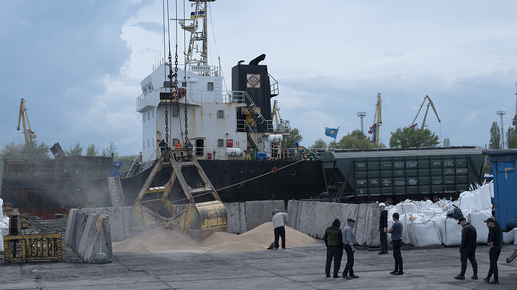 FILE PHOTO: Workers load grain at a grain port in Izmail, Ukraine. /CFP