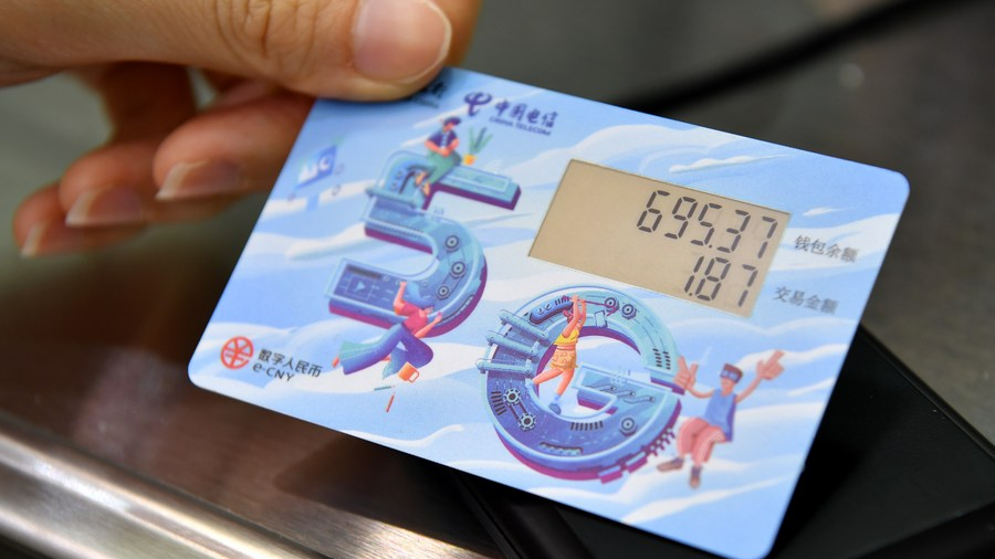 Photo taken on May 8, 2021 shows a digital Chinese yuan (e-CNY) payment card used at the first China International Consumer Products Expo in Haikou, capital of south China's Hainan Province. /'Xinhua