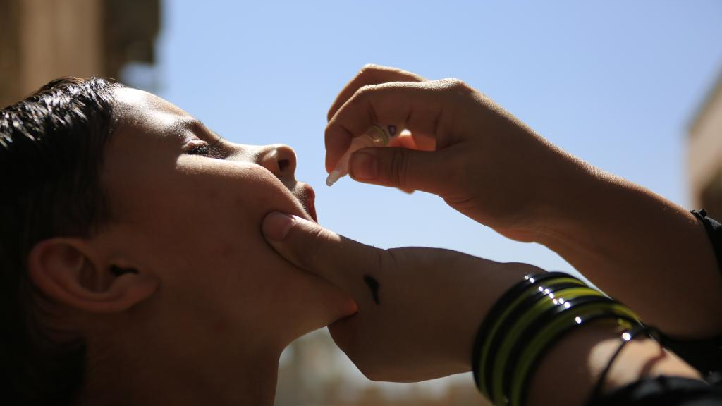 A child receives a dose of anti-polio vaccine in Kabul, Afghanistan, Sept. 25, 2023. /Xinhua