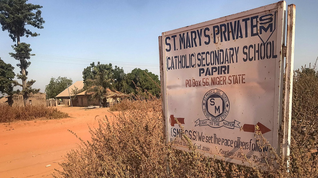 A signboard for St Mary's Private Catholic Secondary School stands at the entrance of the school in Papiri, Agwarra local government, Niger state, on November 23, 2025. /CFP