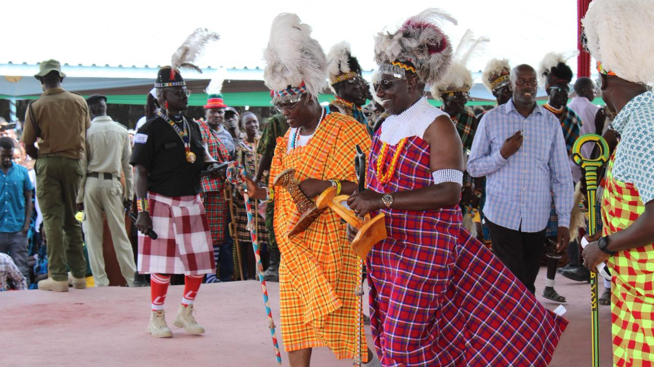 Kenyan President William Ruto (third from right) during the 2025 Tobong’u Lore Cultural Festival in Lodwar, Turkana, northern Kenya.