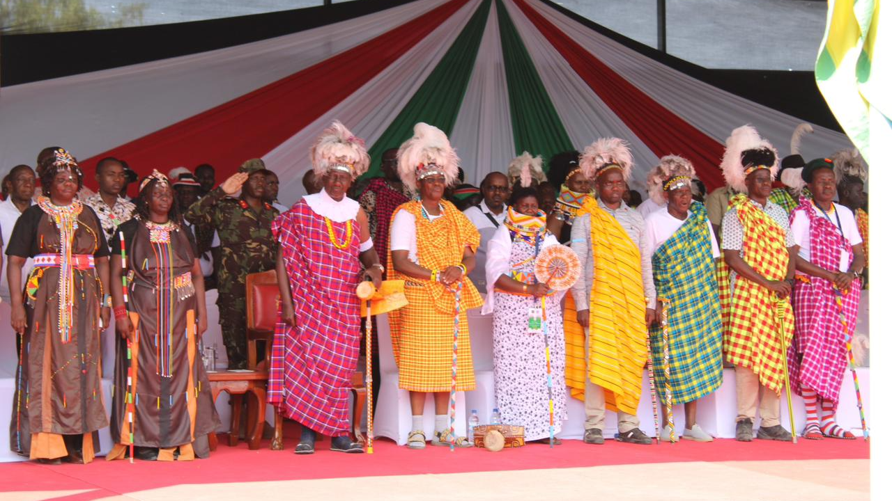 Kenyan President William Ruto (third from left) during the 2025 Tobong’u Lore Cultural Festival in Lodwar, Turkana, northern Kenya.