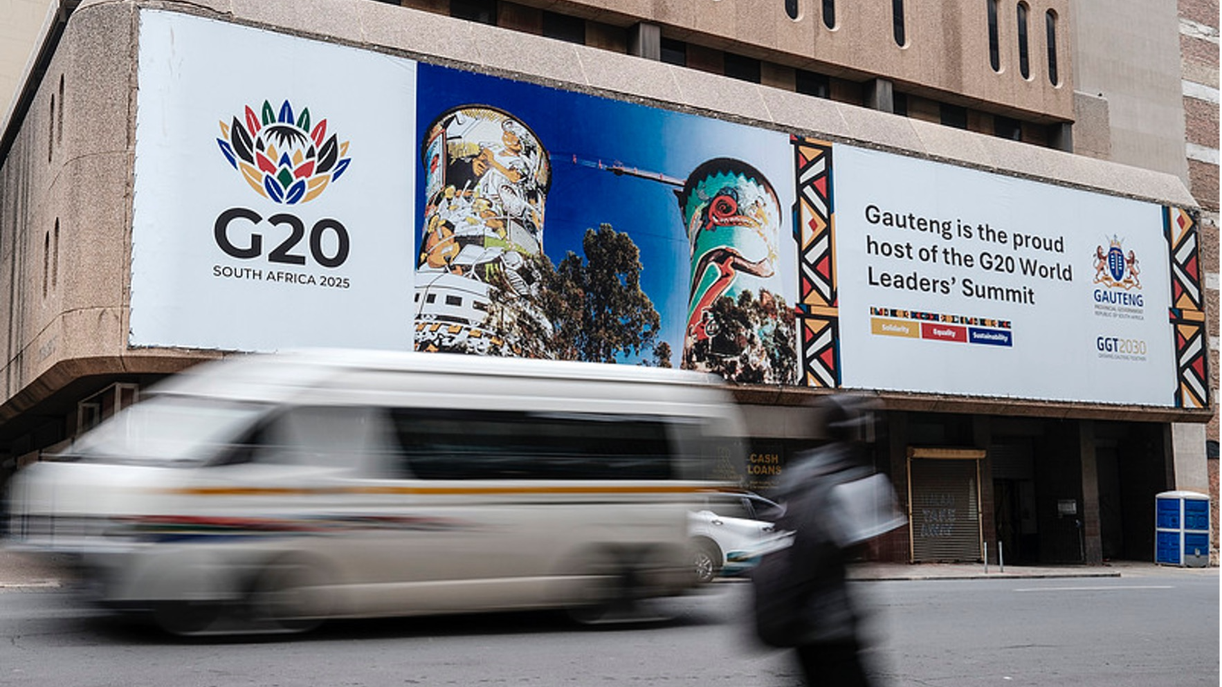 A billboard advertising the G20 summit can be seen in the city center of Johannesburg as South Africa hosts the 2025 G20 meeting on November 22-23, 2025. /CFP