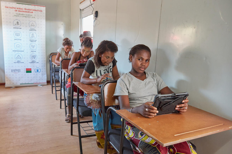 Youth attend digital classrooms at a smart village in south Madagascar. /WFP