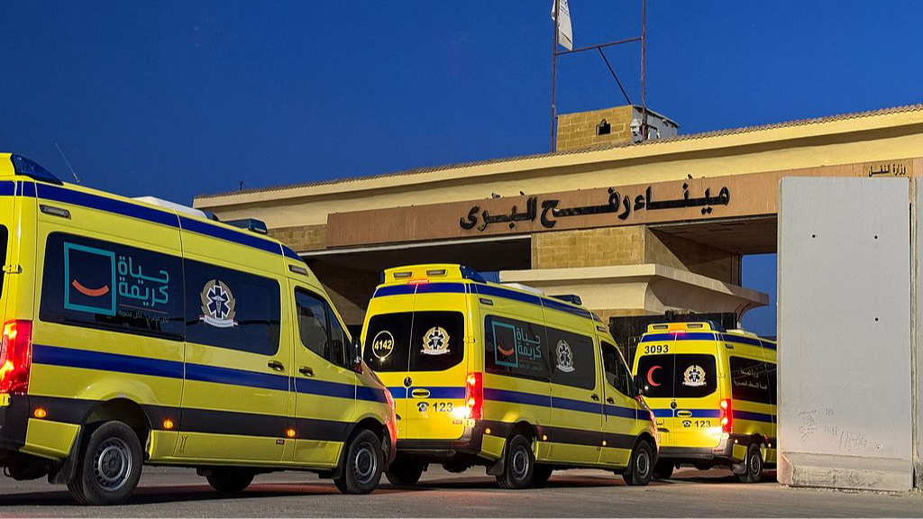 Ambulances lined up on the Egyptian side of the Rafah border crossing in northeastern Egypt, waiting to evacuate approximately 50 Palestinians, on February 2, 2026. /CFP