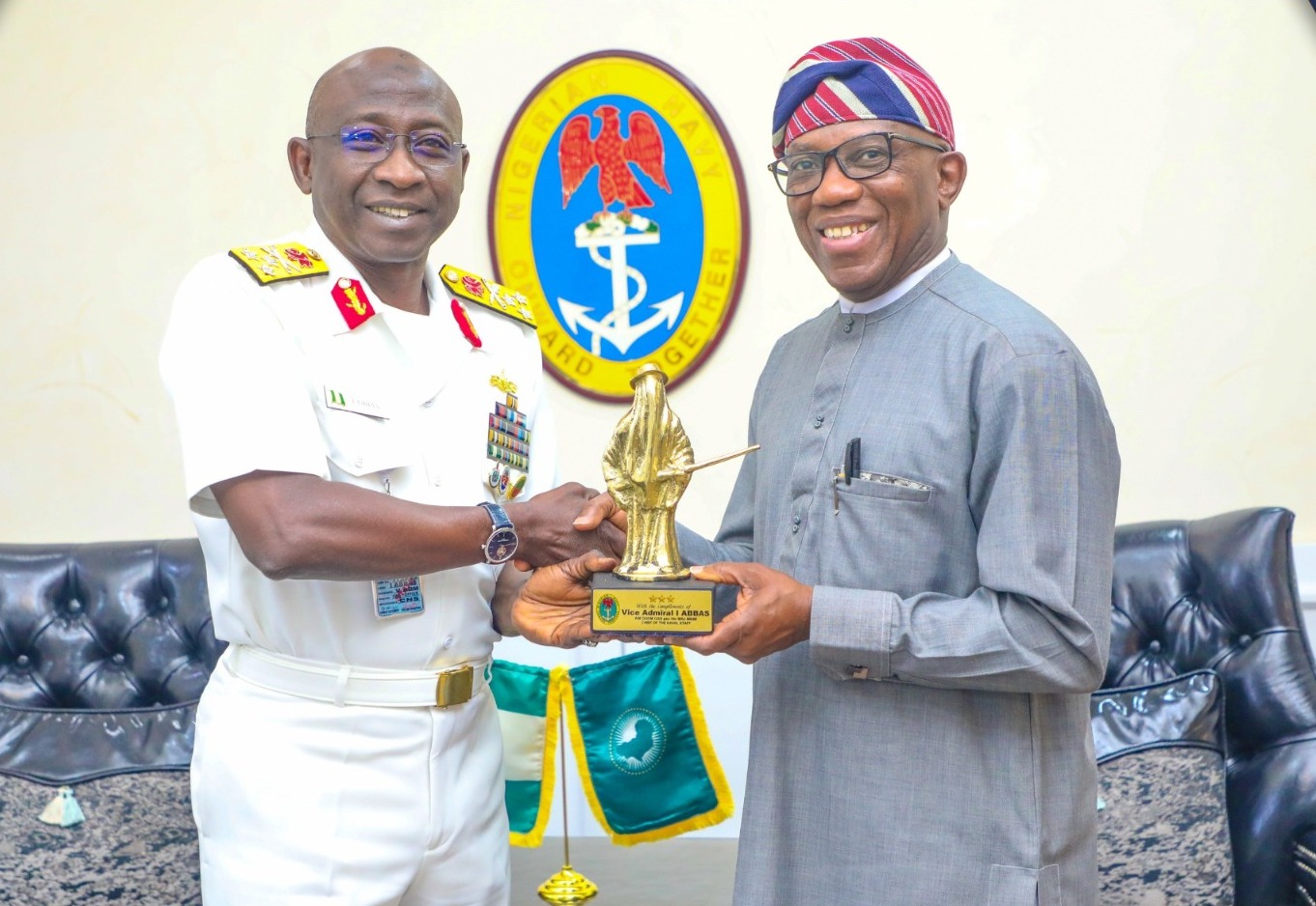 African Union Commissioner for Political Affairs, Peace and Security, Ambassador Bankole Adeoye, and Vice Admiral I. Abbas at the naval headquarters in Abuja, Nigeria, February 5, 2026. /Nigerian Navy