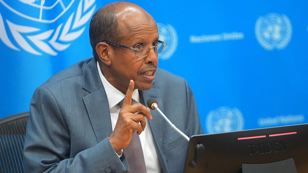 AUC Chairperson Mahmoud Ali Youssouf at a press briefing at UN Headquarters to introduce the 9th African Union-United Nations annual conference, in New York, US, November 12, 2025. /CFP