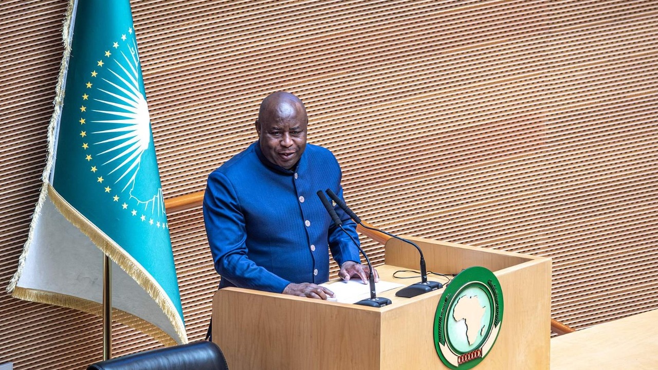 Burundian President Evariste Ndayishimiye addresses the plenary session of the 39th Ordinary Session of the Assembly of the African Union inside Nelson Mandela Hall at the AU Headquarters in Addis Ababa, Ethiopia, on February 14, 2026. /CFP