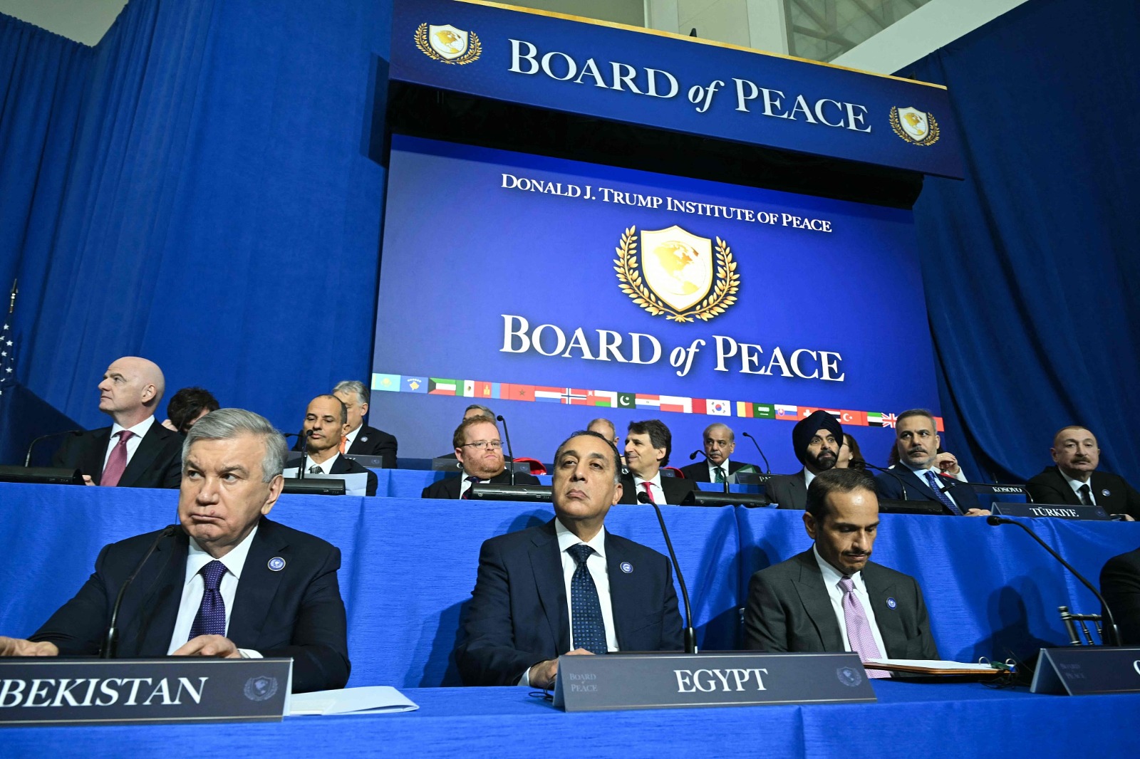 Mostafa Madbouly, among other leaders, attends the inaugural meeting of the Board of Peace at the United States Institute of Peace in Washington, D.C., February 19, 2026. /Mark Schiefelbein, AP