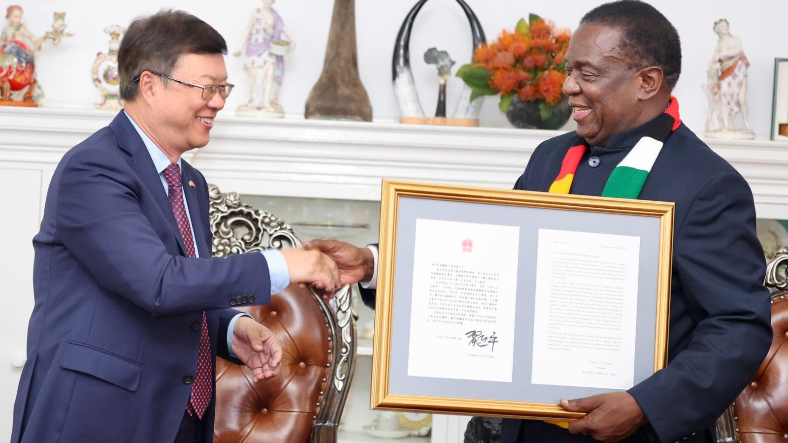 President Emmerson Dambudzo Mnangagwa receiving President Xi Jinping's reply to Zimbabwean liberation veterans, February 26, 2026. /Photo by CMG reporter Tang Ye