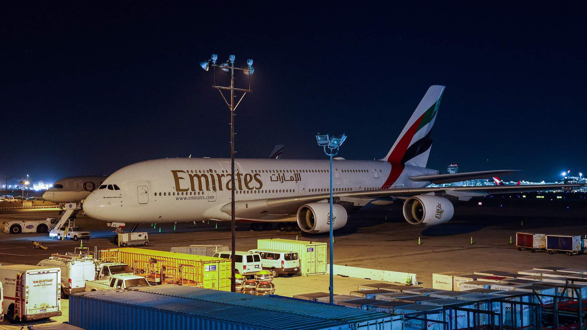 An Emirates airliner sits parked at Los Angeles International Airport in Los Angeles, California, after its return flight to Dubai International Airport was cancelled due to the war in the Middle East, March 2, 2026. /CFP
