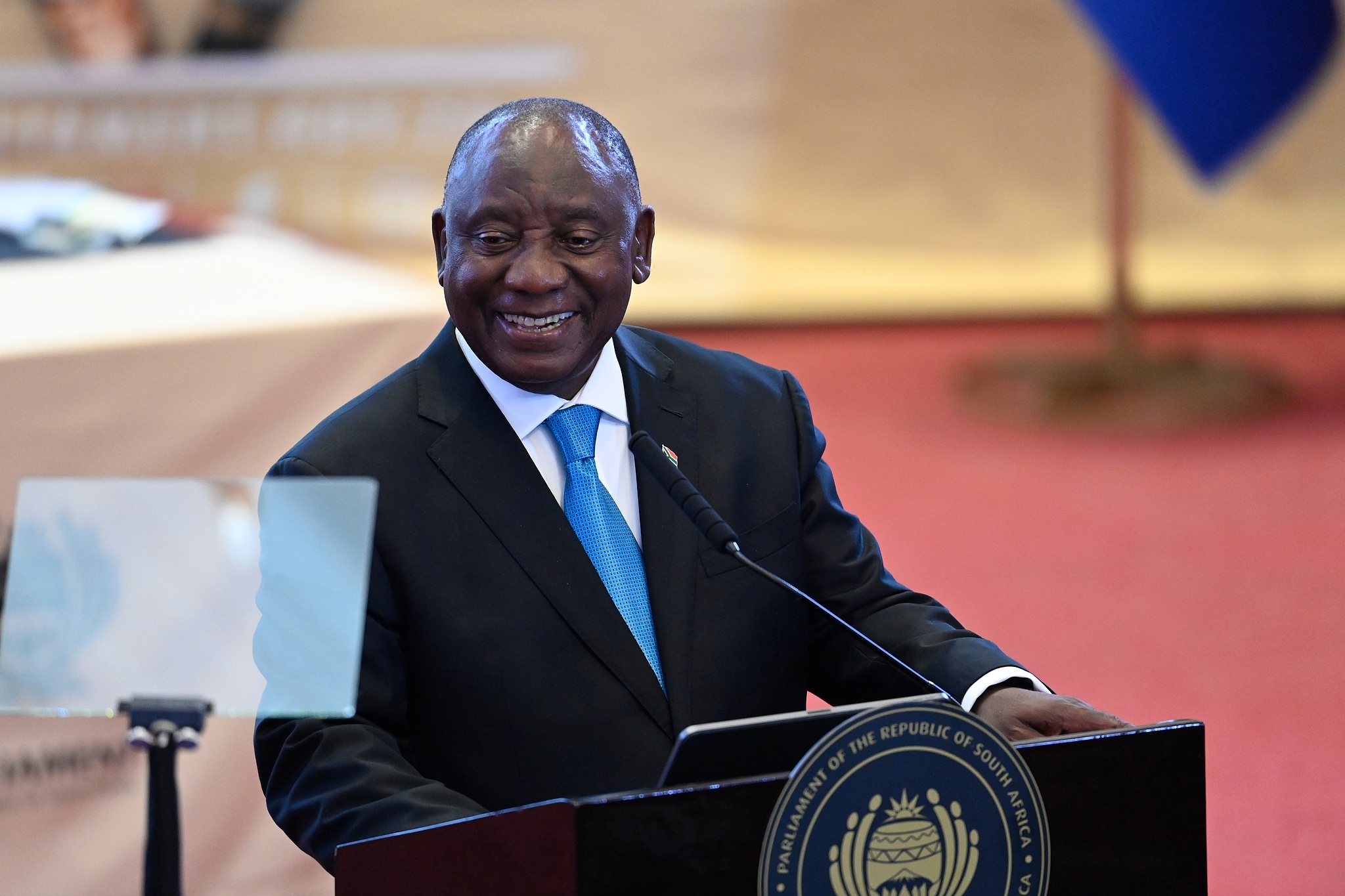 South African President Cyril Ramaphosa smiles before delivering his State of the Nation (SONA) address in Cape Town, South Africa, February 12, 2026. /CFP