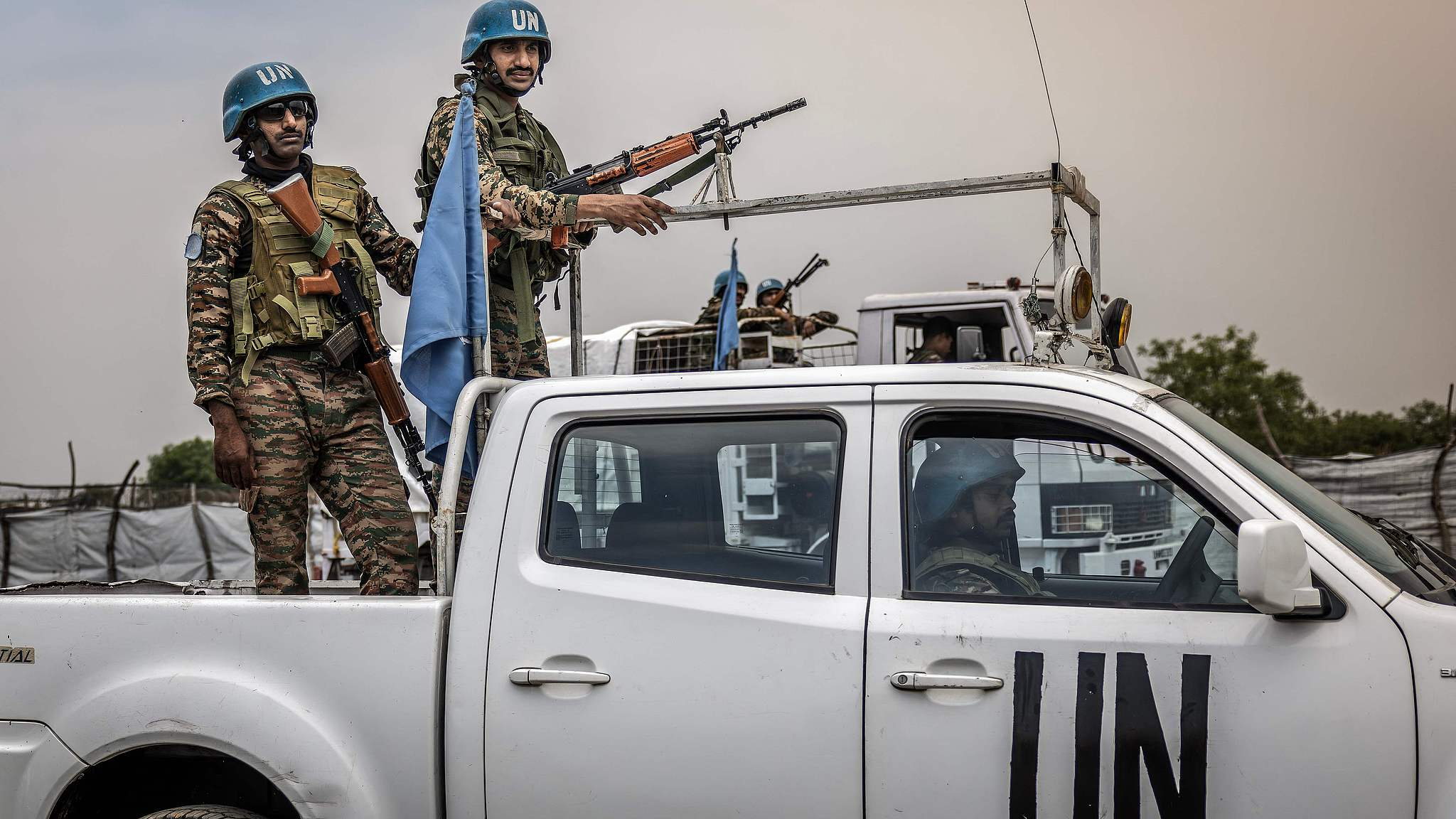 Indian peacekeepers from the United Nations Mission in South Sudan (UNMISS) patrolled near a makeshift airfield  in Akobo town, Jonglei State, South Sudan on February 12, 2026. /CFP