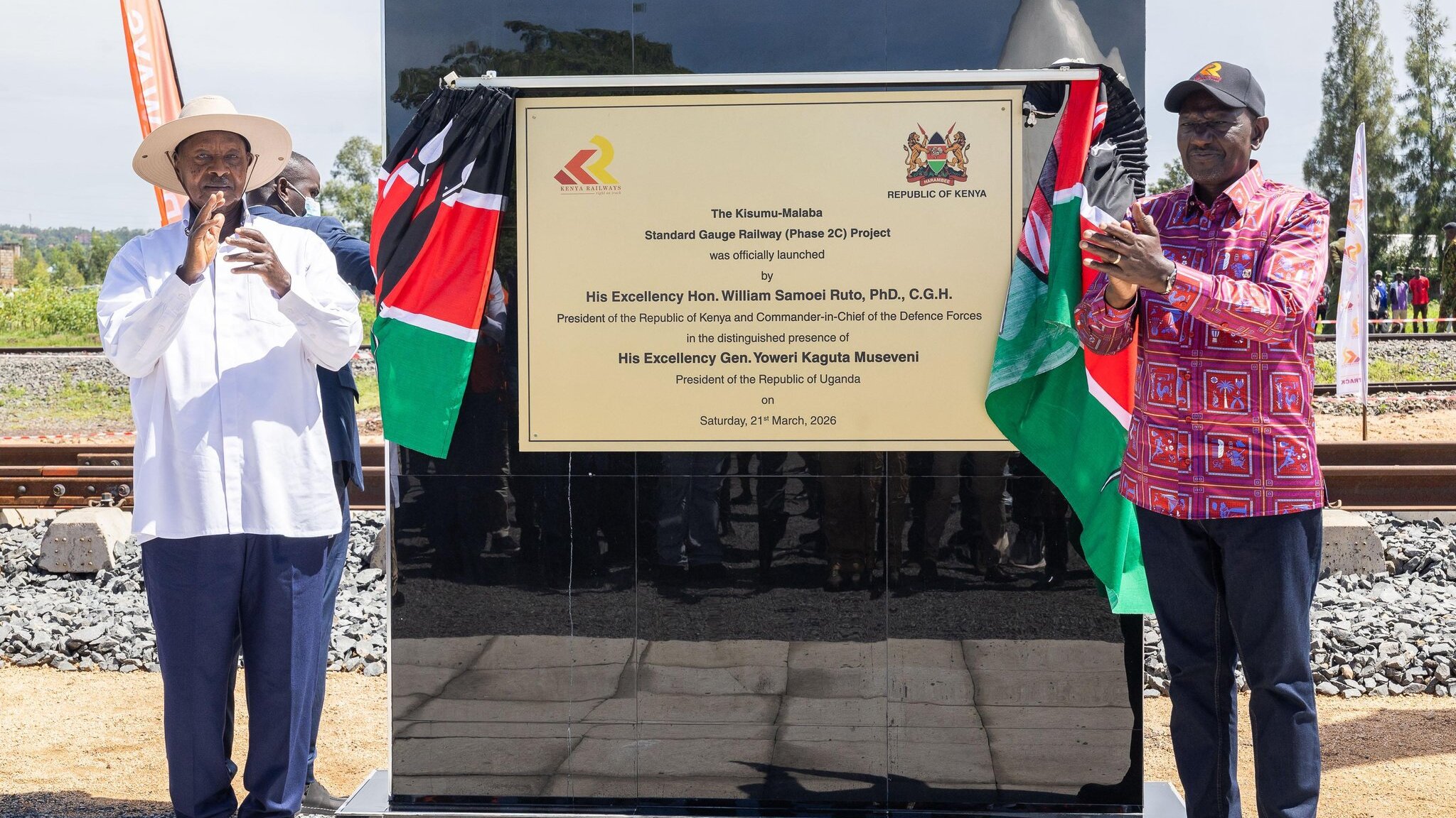 Uganda's President Yoweri Museveni and Kenya's President William Ruto at the launch of the Standard Gauge Railway extension from Kisumu to the Malaba border, March 21, 2026. /Photo by State House Kenya