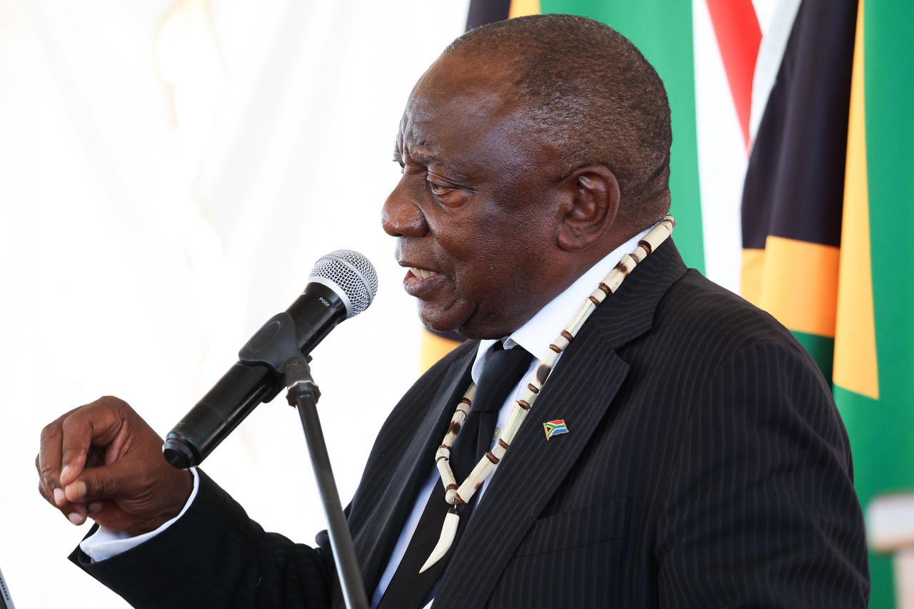 South African President Cyril Ramaphosa speaks at the reburial ceremony of ancestral Khoi and San remains in Kinderlê, Steinkopf, Northern Cape, on March 23, 2026. /The Presidency of the Republic of South Africa