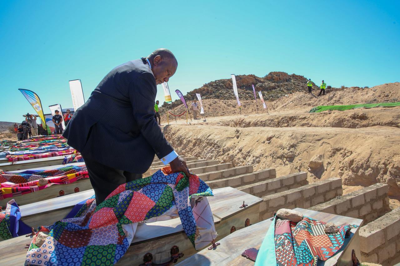 South African President Cyril Ramaphosa officiates the reburial ceremony of ancestral Khoi and San human remains in Kinderlê, Steinkopf, Northern Cape, on March 23, 2026. /The Presidency of the Republic of South Africa