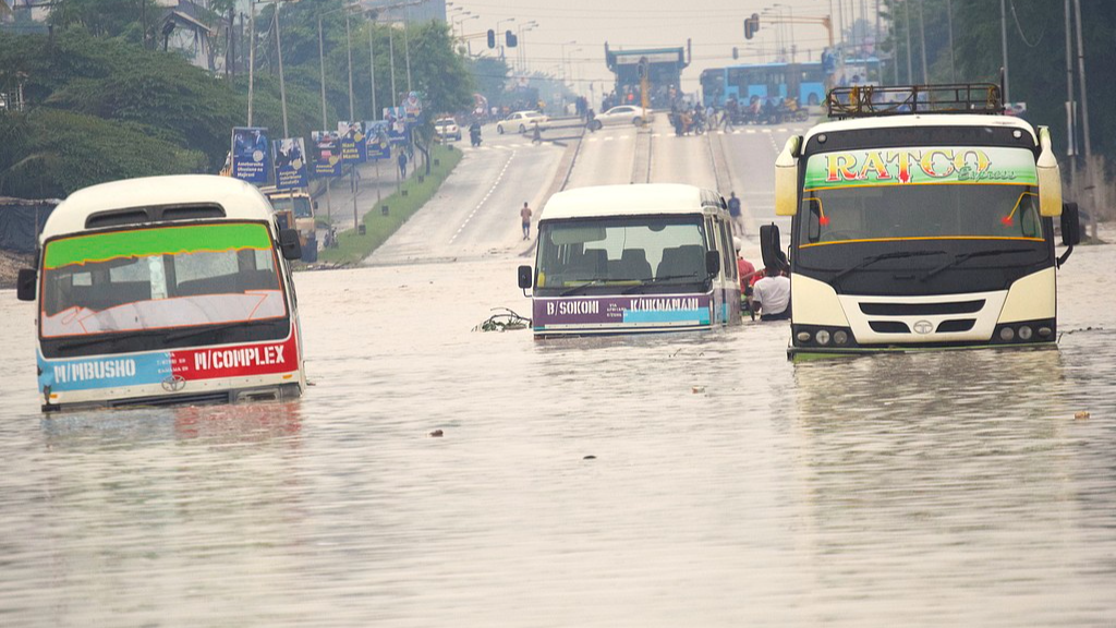 FILE: Public minibus are submerged in the flooded streets of Dar salaam, Tanzania, April 25, 2024. /CFP