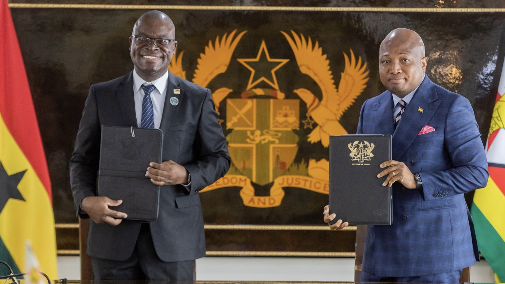 Professor Amon Murwira, Zimbabwe's Minister of Foreign Affairs and International Trade (L), and Ghana's Minister of Foreign Affairs, Samuel Okudzeto Ablakwa, in Accra, Ghana, on April 2, 2026. /Ghana Ministry of Foreign Affairs