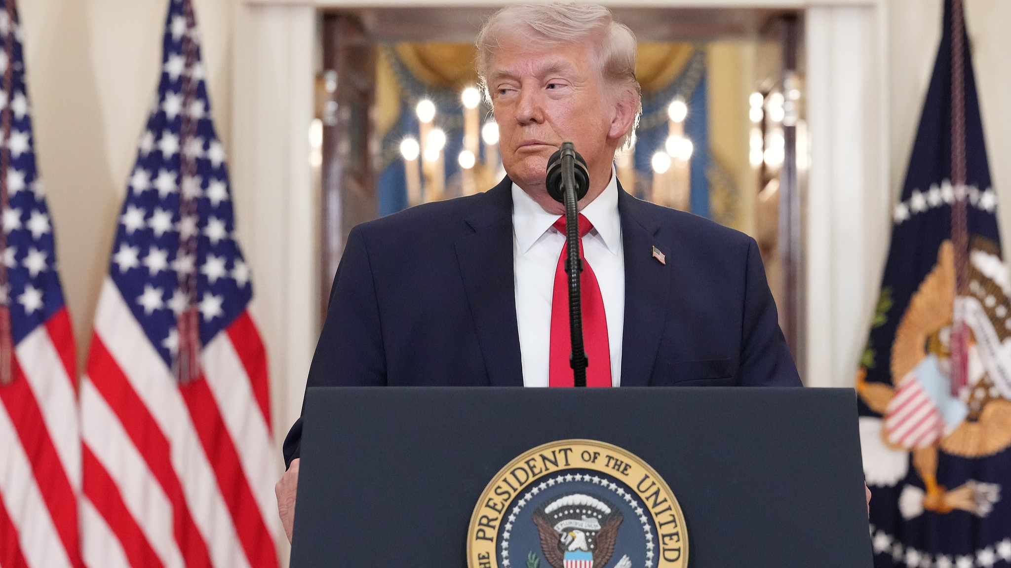 US President Donald Trump addressed the nation from the Cross Hall of the White House, providing an update on the war against Iran in Washington, D.C., April 1, 2026. /CFP