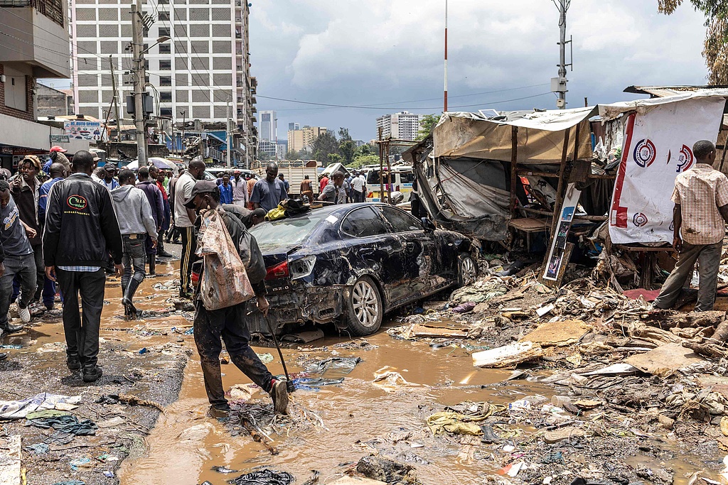 Damaged property is seen in downtown Nairobi after heavy rainfall caused severe flooding, Nairobi, Kenya, March 7, 2026. /CFP