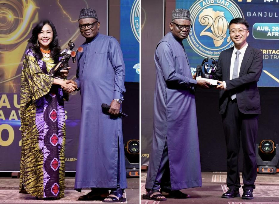 CMG representatives receive the African Union of Broadcasting Special Contribution Award in Banjul, The Gambia, on April 16, 2026. /CMG Africa