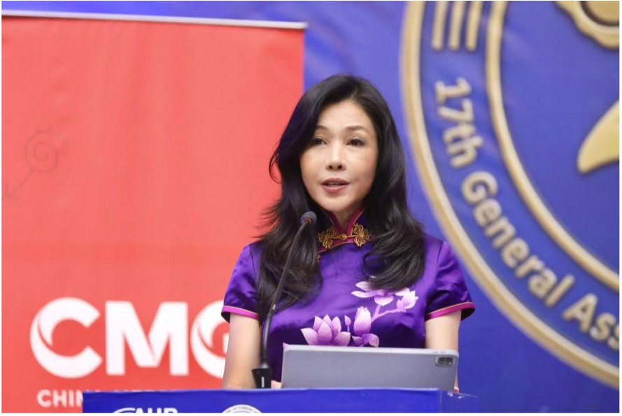 Song Jianing, Head of CMG Africa Bureau, delivers a speech in Banjul, The Gambia, on April 16, 2026. /CMG Africa