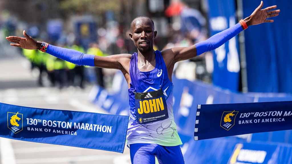Kenyan long-distance runner John Korir crosses the finish line as he wins the men's division during the 130th Boston Marathon on April 20, 2026, in Boston, Massachusetts. /CFP