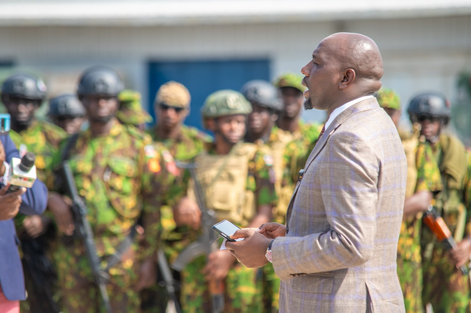 Kenya's Interior Cabinet Secretary Kipchumba Murkomen speaks to police officers in Port-au-Prince, Haiti, on April 27, 2026. /National Police Service of Kenya