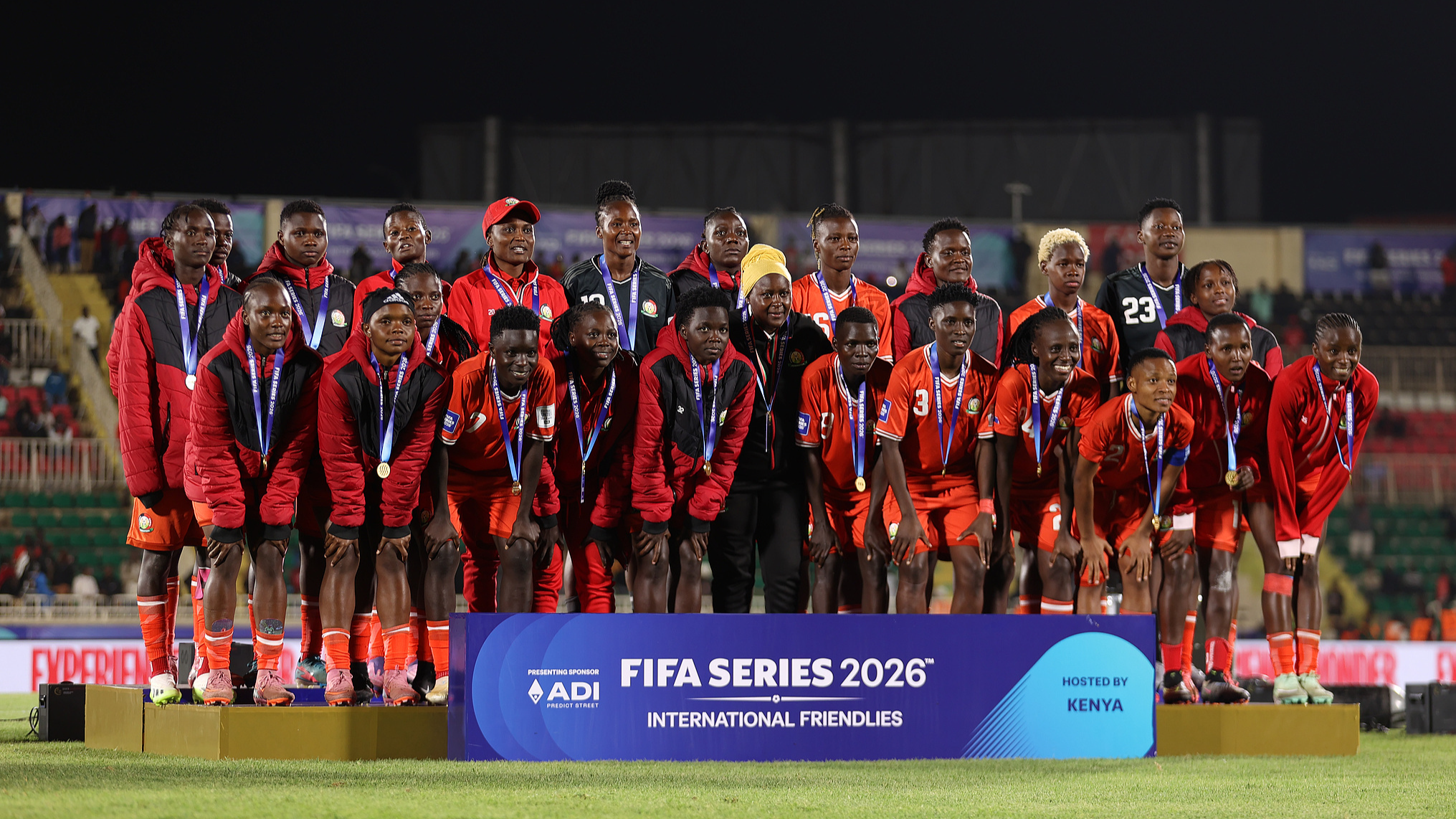 Players of the Kenyan national team pose for a photo after receiving their FIFA Women's Series runners-up medals at Nyayo National Stadium in Nairobi, Kenya, on April 15, 2026. /CFP