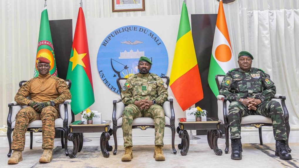 Captain Ibrahim Traoré of Burkina Faso, left, General Assimi Goïta of Mali, center, and General Abdourahamane Tchiani of Niger attend the second summit on security and development in Bamako, Mali, Tuesday, Dec. 23, 2025./CFP