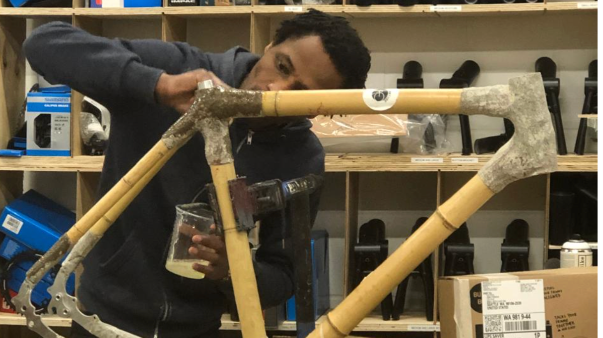 Kiruri Murangi uses bamboo to assemble key parts of a bicycle in Nairobi, Kenya, on March 18, 2026. /Kiruri Murangi
