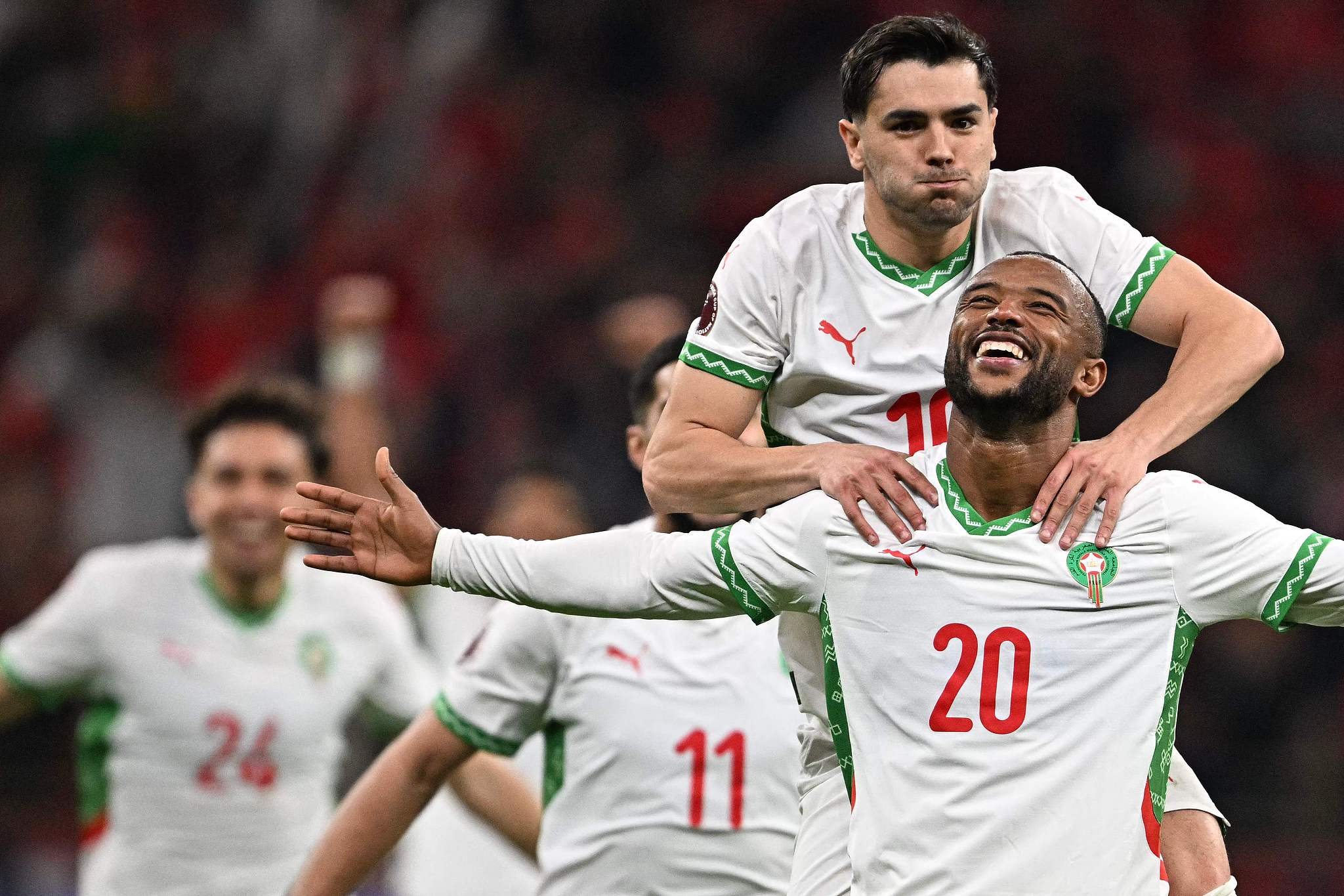 Morocco's forward Ayoub El Kaabi (R) celebrates scoring his team's third goal with teammate Brahim Diaz (2nd R) at Prince Moulay Abdellah Stadium in Rabat, Morocco, in the third round of the 2025 Africa Cup of Nations group stage football match between Zambia and Morocco, December 29, 2025. /CFP