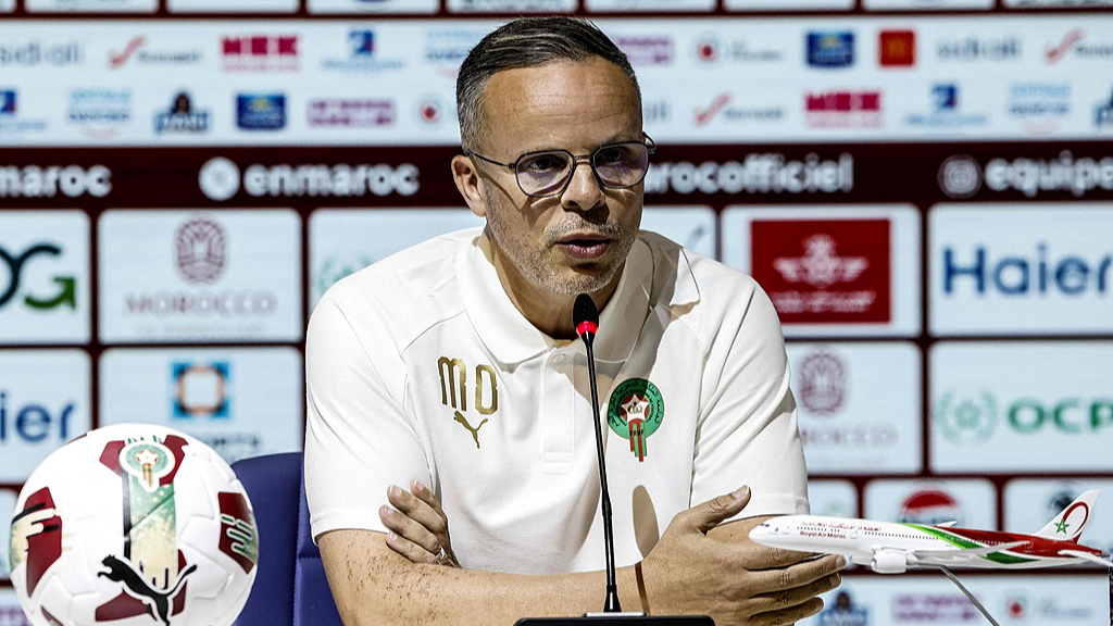 Morocco's national team coach Mohamed Ouahbi speaks during a press conference as the official final list of football players selected for the 2026 FIFA World Cup is announced, at the Mohammed VI Complex in Sale on May 26, 2026. /CFP