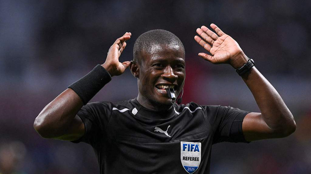 Gabonese referee Pierre Ghislain Atcho reacts during the Africa Cup of Nations (CAN) semi-final between Senegal and Egypt at the Grand Stadium of Tangier on January 14, 2026. /CFP