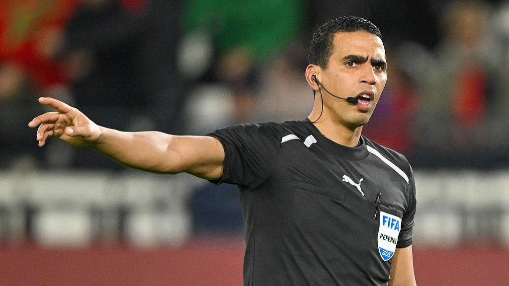 Morocco referee Jalal Jayed reacts during the Africa Cup of Nations (CAN) Group C football match between Uganda and Tanzania at Al Medina Stadium in Rabat on December 27, 2025. /CFP