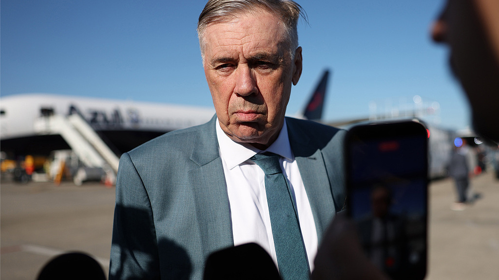 Carlo Ancelotti, head coach of the Brazilian national team, speaks to the media after arrival, in New Jersey, US, June 2, 2026. /CFP