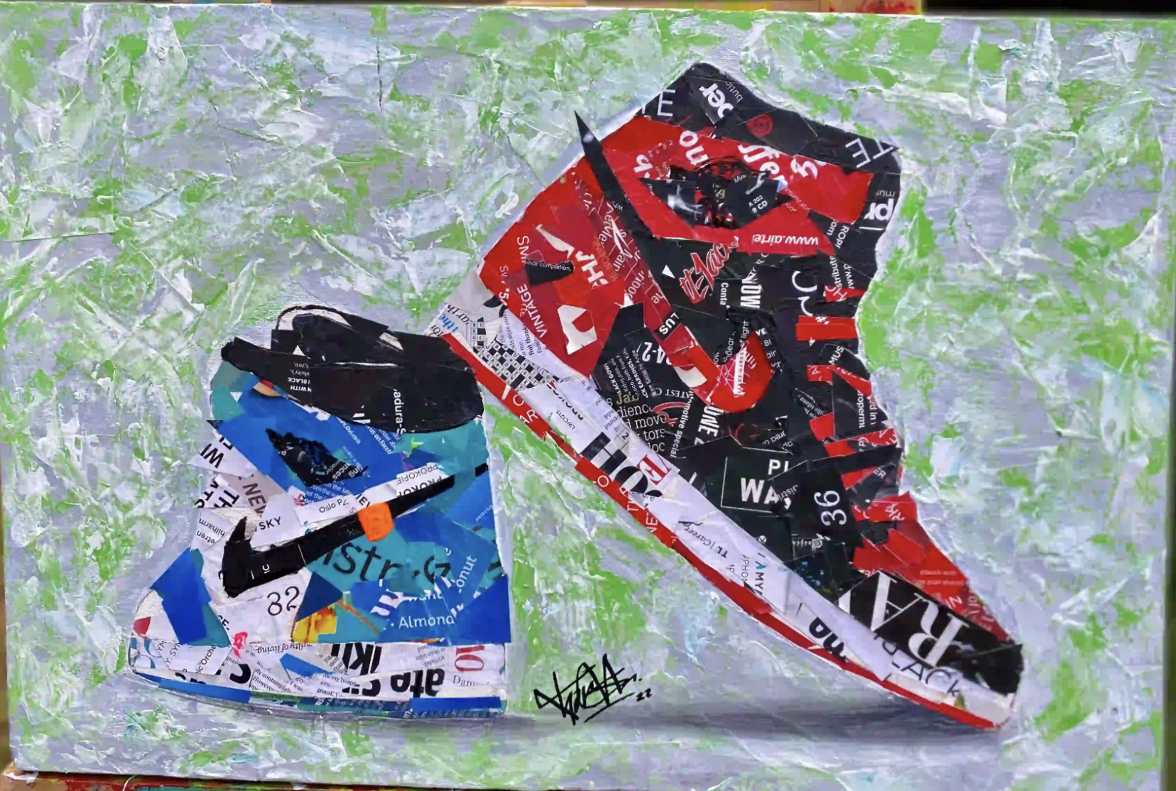 A pair of shoes reimagined through recycled newspaper art by Cyprian Kiswili in Nairobi, Kenya, July 17, 2025. /Cyprian Kiswili