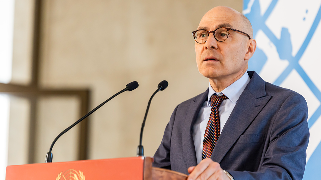 FILE: UN High Commissioner for Human Rights Volker Türk speaks to the media during a stakeout, giving an update on the Middle East crisis at the European headquarters of the United Nations in Geneva, Switzerland, 06 February 2026. /CFP