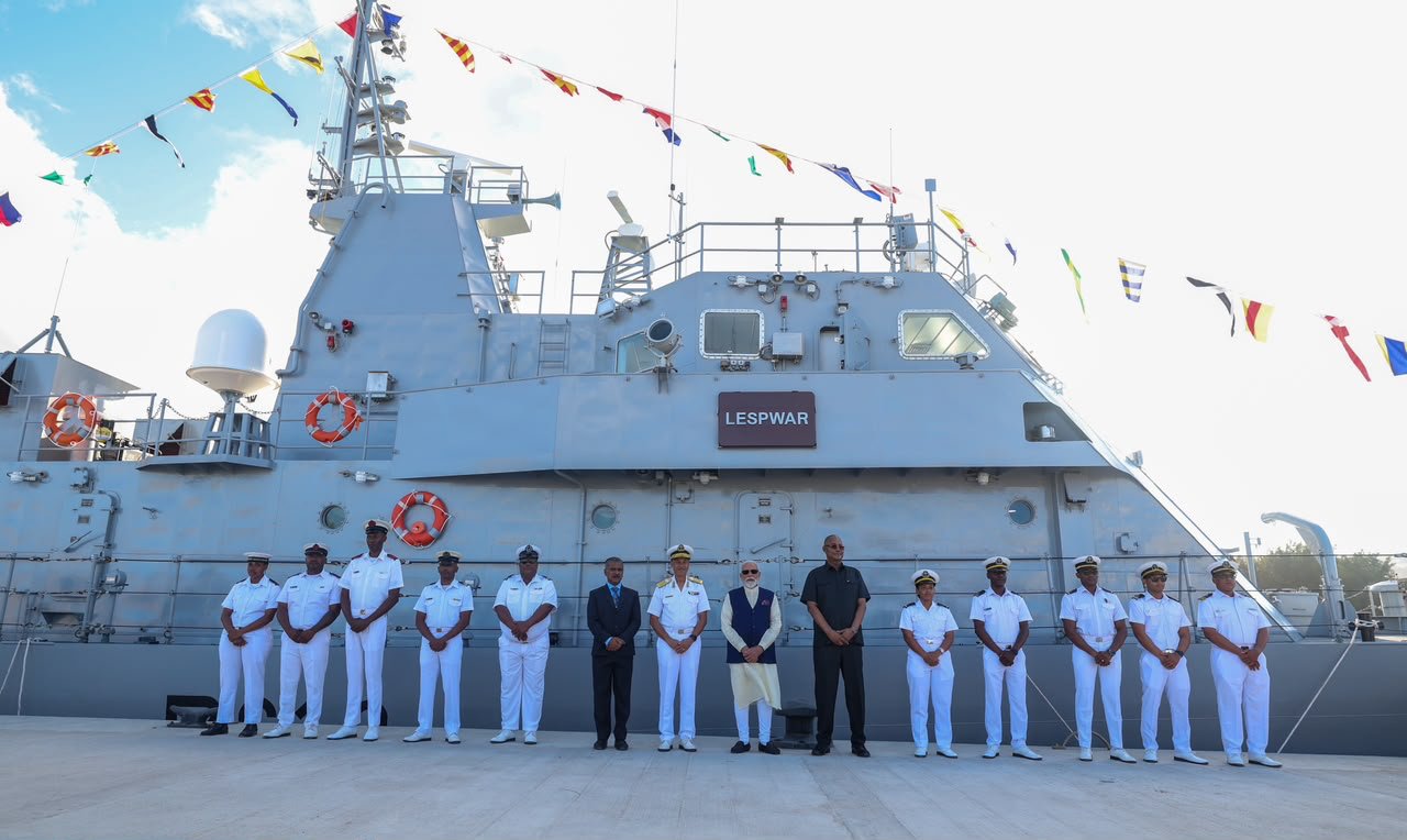 Indian PM Narendra Modi takes part in the handing-over ceremony of the Fast Patrol Vessel Lespwar, Seychelles, June 27, 2026. /Seychelles State House 