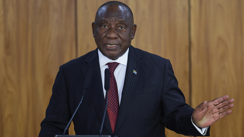 South African President Cyril Ramaphosa speaks with journalists after meeting with Brazilian President Luiz Inacio Lula da Silva at Planalto Palace, in Brasilia, Brazil, March 9, 2026. /CFP