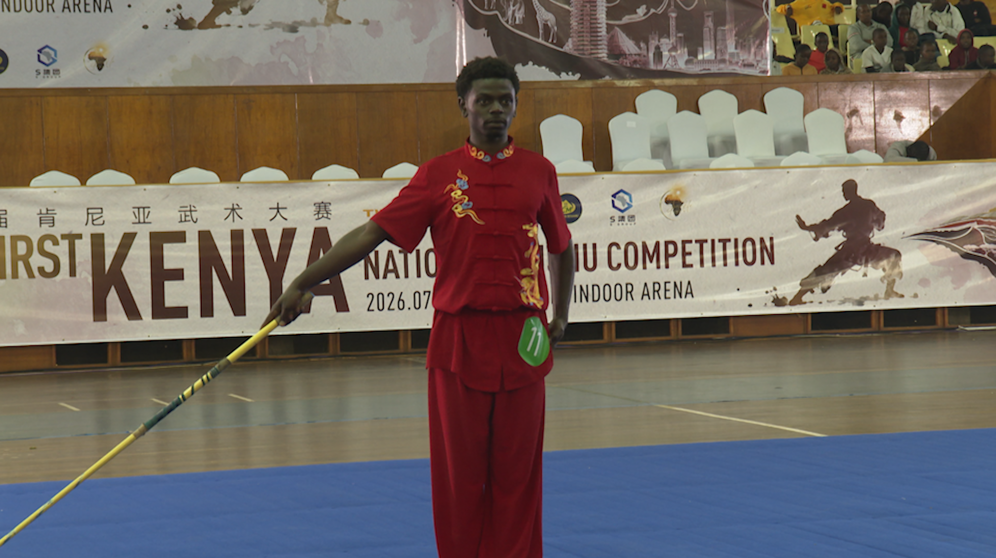 Wushu player Elvis Munyasya during the first Kenya National Wushu competition at Kasarani Gymnasium, Nairobi, Kenya, July 30, 2026. /CGTN Africa