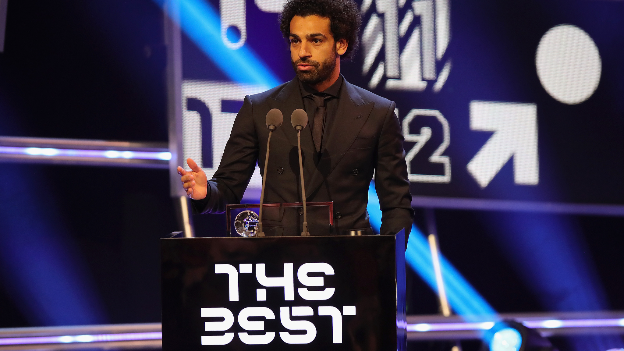 Mohamed Salah of Egypt receives FIFA Puskas Award during The Best FIFA Football Awards at Royal Festival Hall in London, England on September 24, 2018. /CFP