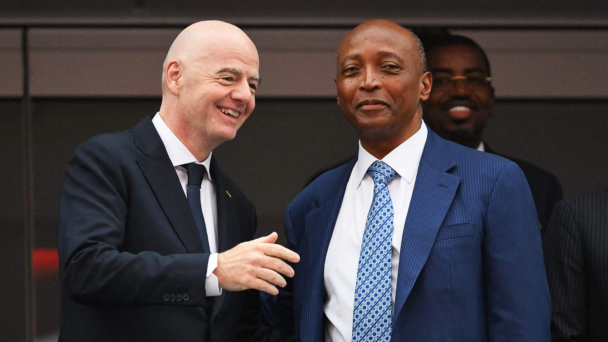 FIFA President Gianni Infantino (L) and Confederation of African Football (CAF) President Patrice Motsepe (R) talk ahead of the 2026 FIFA World Cup match between South Africa and Canada at Los Angeles Stadium in Inglewood on June 28, 2026. /CFP