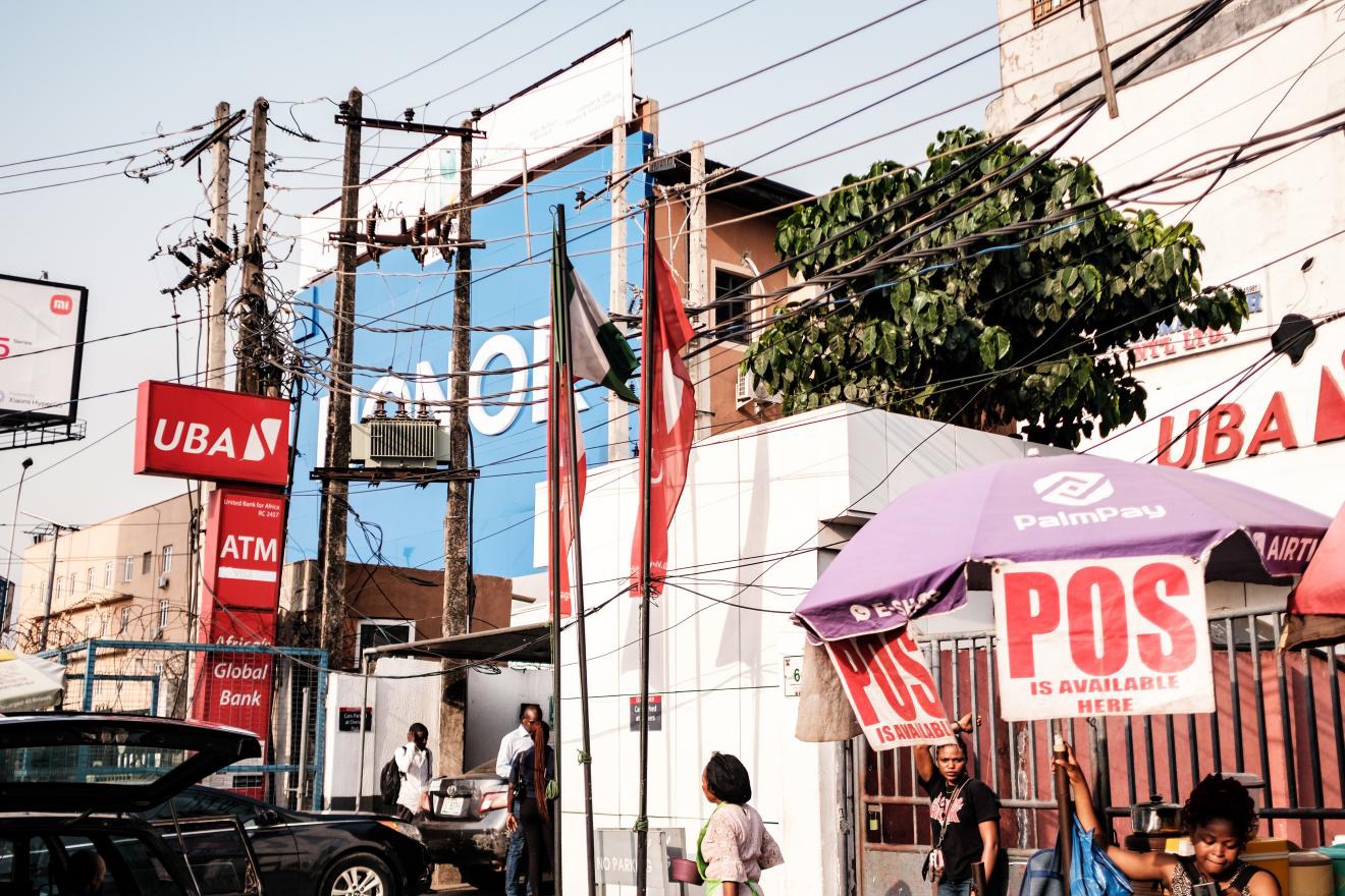 A stand offering mobile point of sale (POS) systems near a United Bank for Africa Plc bank branch in Lagos, Nigeria, on Monday, Jan. 26, 2026. /CFP