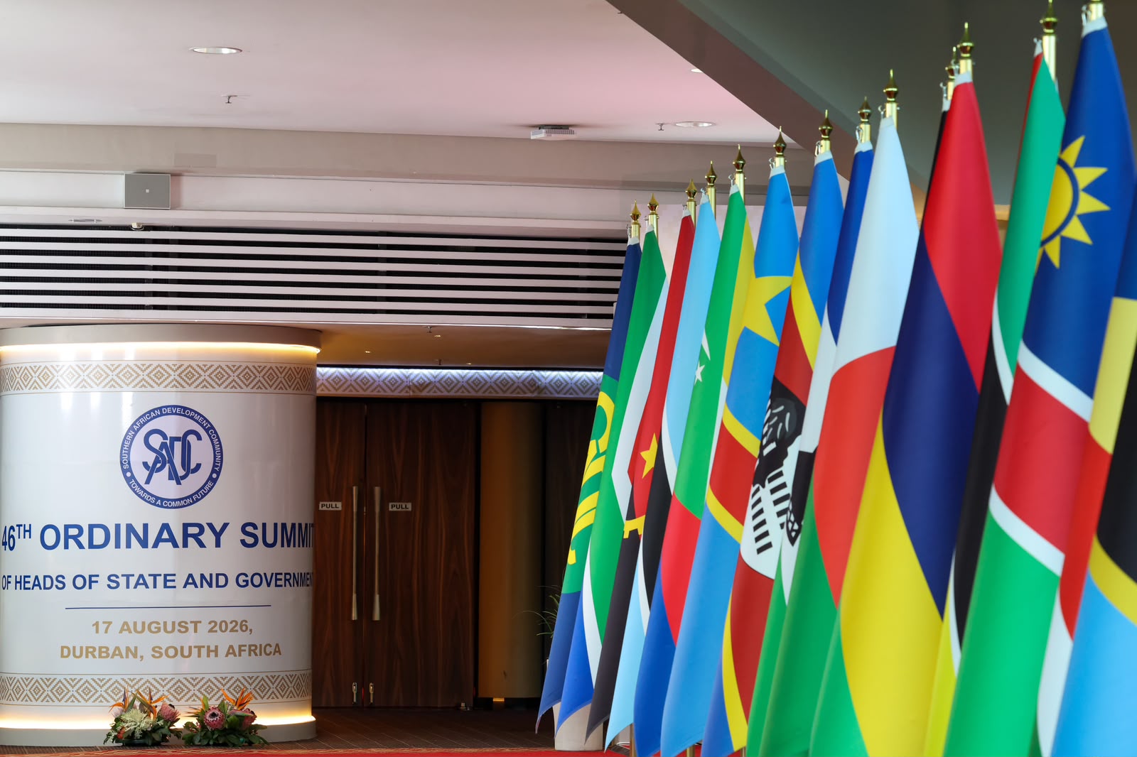 The flags of the nations representing the 16-member Southern African Development Community (SADC) at a summit in Durban, South Africa, August 17, 2026. /South African Presidency